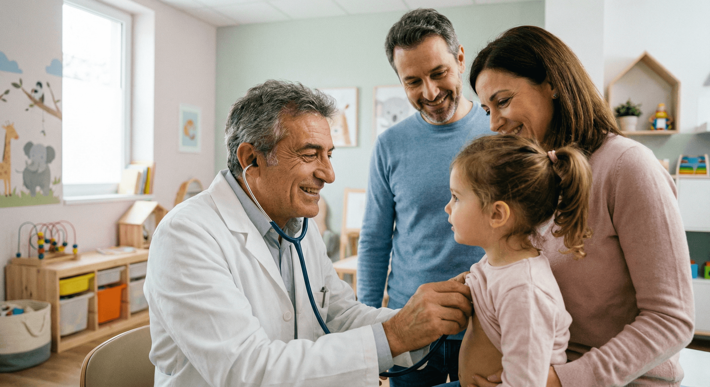 Pediatrician examining a child with parents