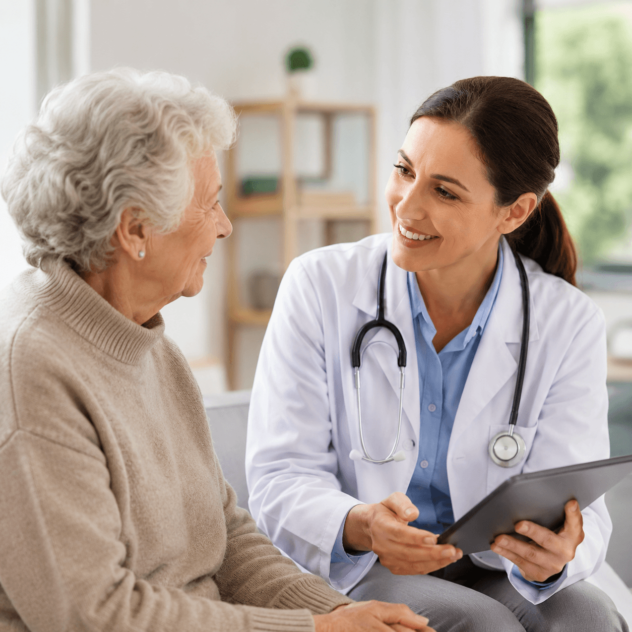 Physician speaking with an older adult patient during a geriatric care visit