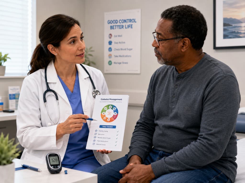 Physician reviewing a diabetes management handout with a patient; glucose meter on the table