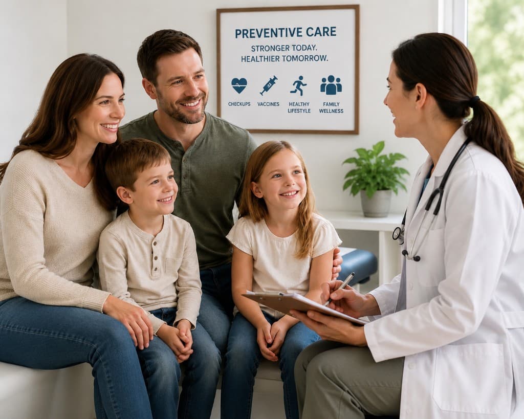 Family meeting with a doctor in the exam room; preventive care poster in the background